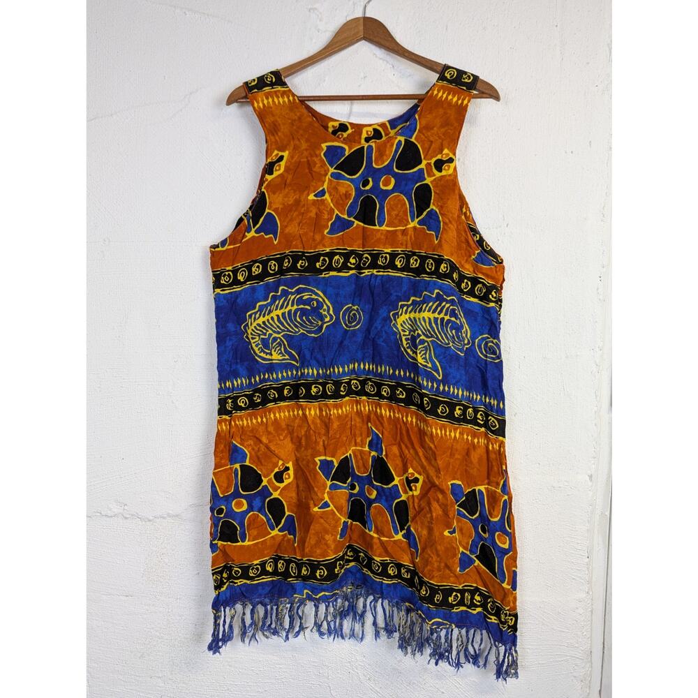 Vtg Tropical Sundress Colorful Turtles Fish Fringe Boho Beach Festival Size 1X